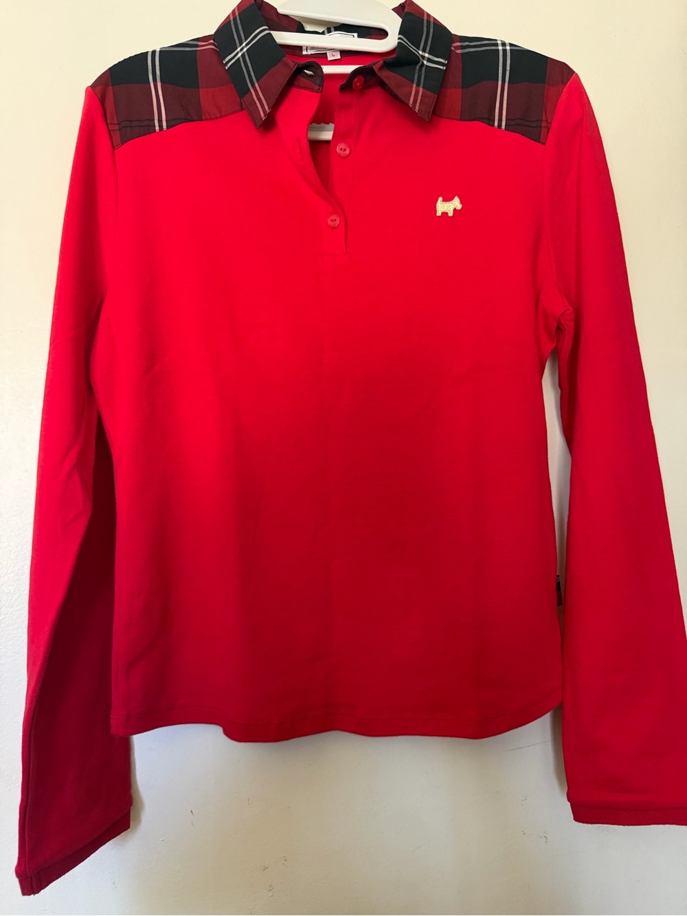 Scottish House Red Plaid Long Sleeve Polo Shirt Scottie Dog L